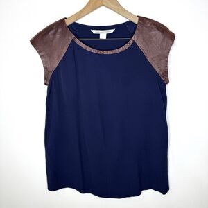 Diane von Furstenberg Leather Cap Sleeve Top Small Blue & Brown Blouse